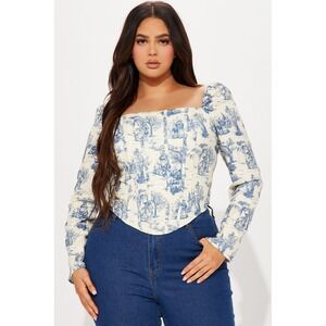 (A3) Fashion Nova Toile Print Corset Top Blue Cream Square Neck 2X NWOT